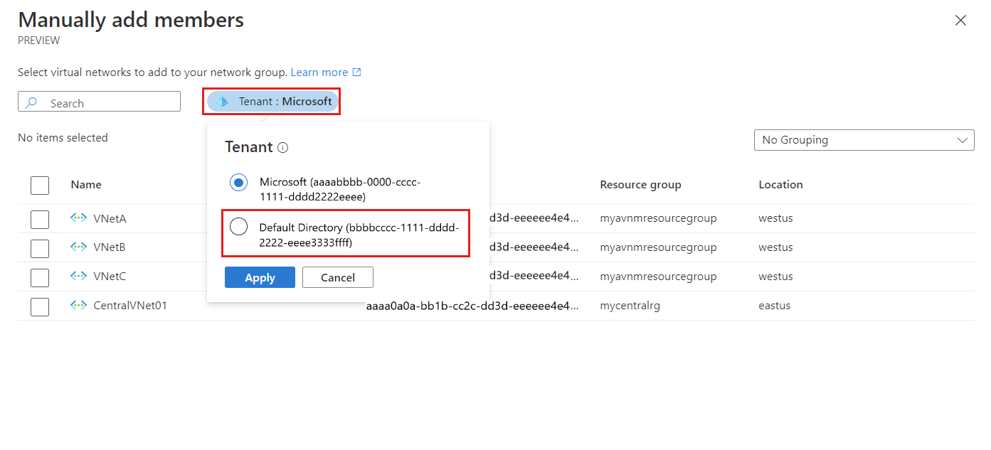 Screenshot of available tenants to choose for static network group membership.