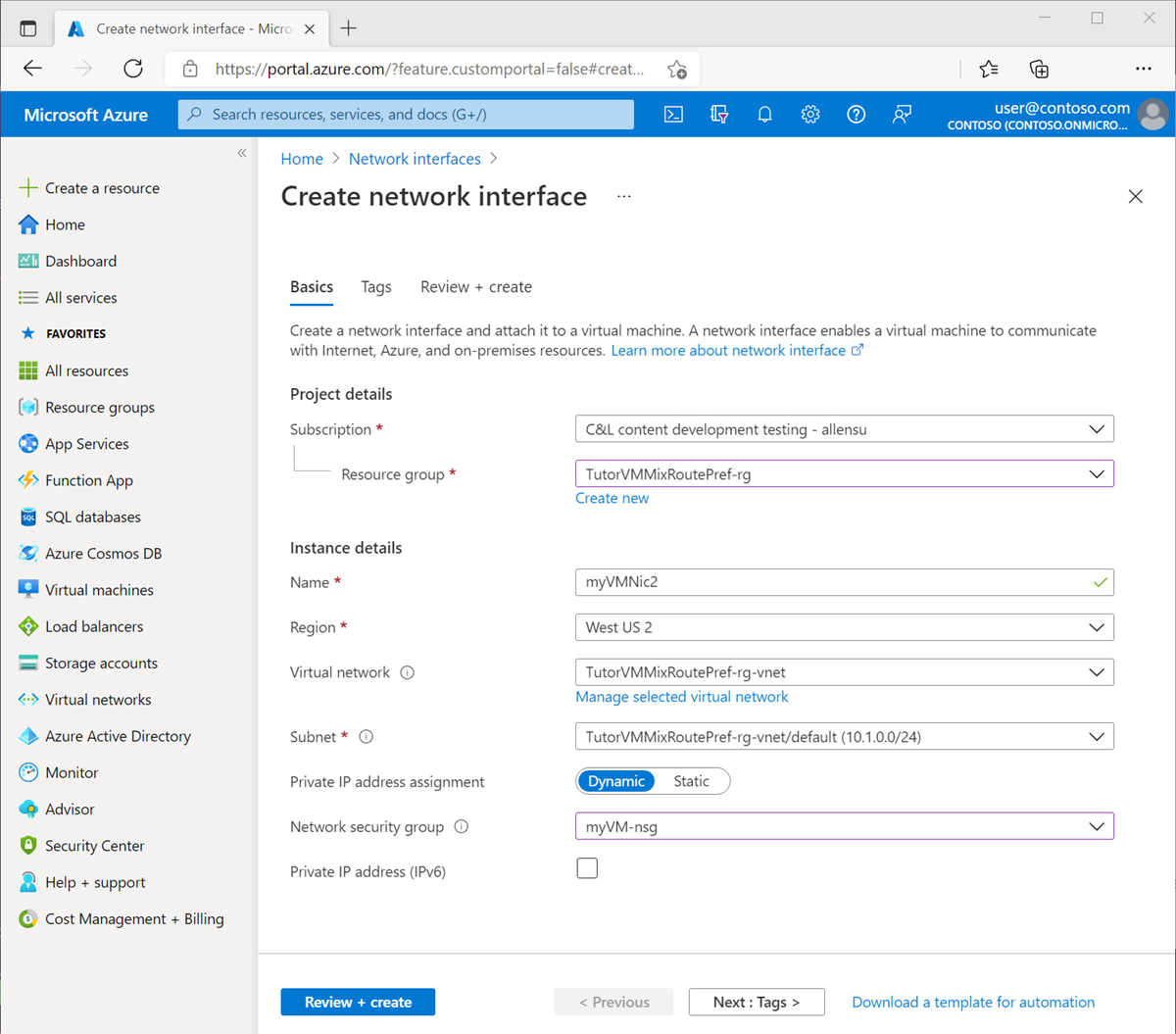 Screenshot of create secondary network interface.