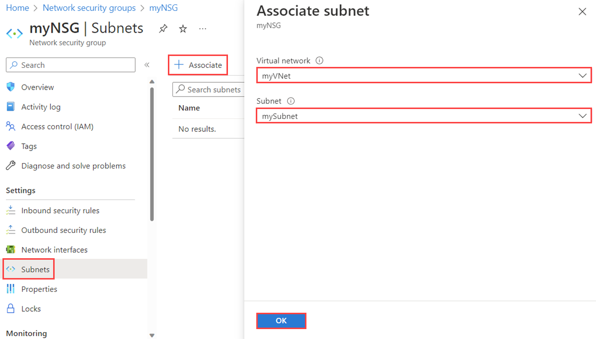 Screenshot that shows associating a network security group to a subnet in the Azure portal.