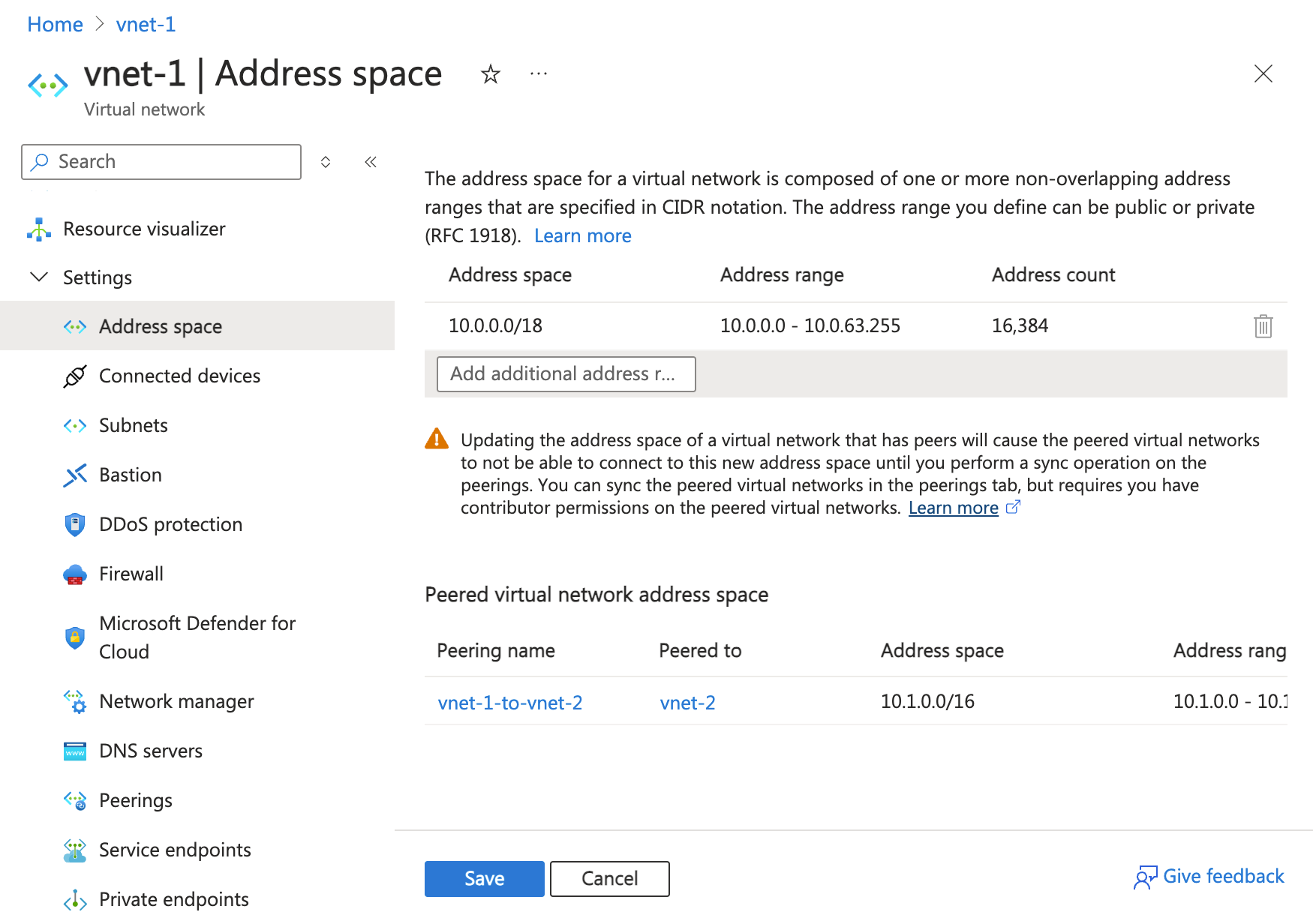 Screenshot shows the saving of the changes to the subnet address range.