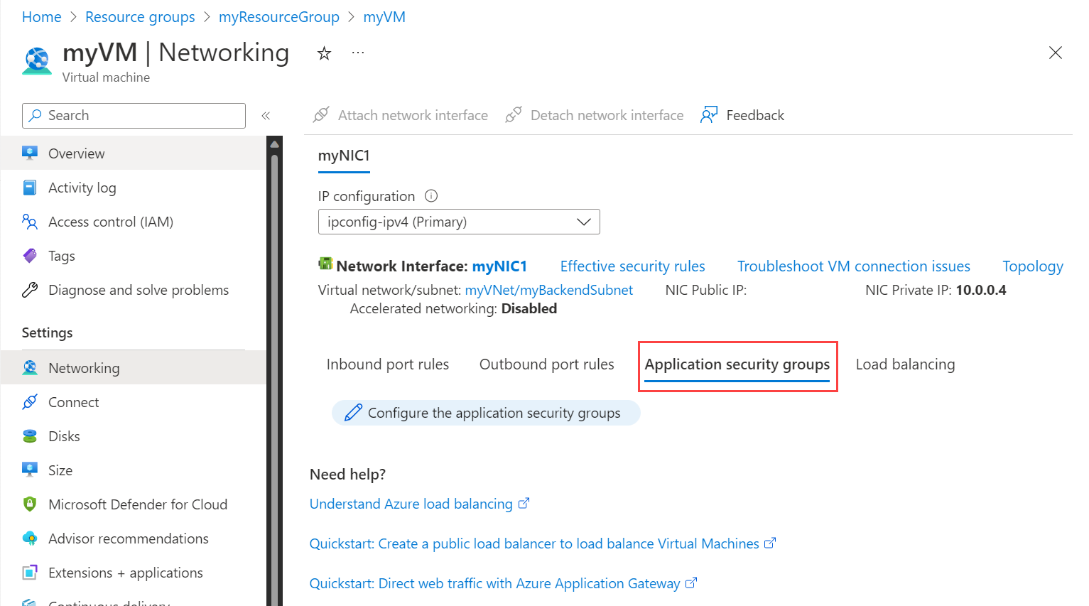 Screenshot of application security group configuration.