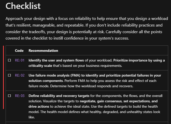 Screenshot that shows a checklist of the Well-Architected Framework.