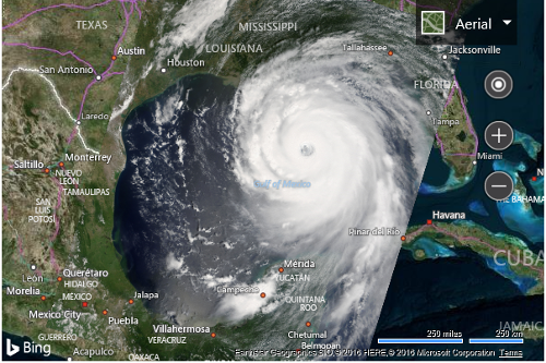 Screenshot of a Bing aerial map with a tile layer of Hurricane Katrina overlaid on top of the map.