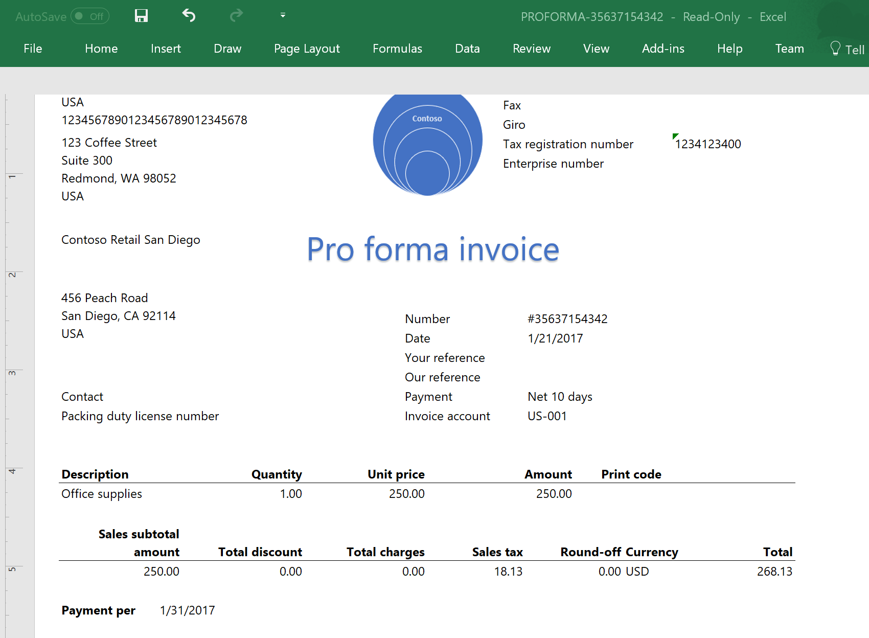 A screenshot showing an example of a customized invoice