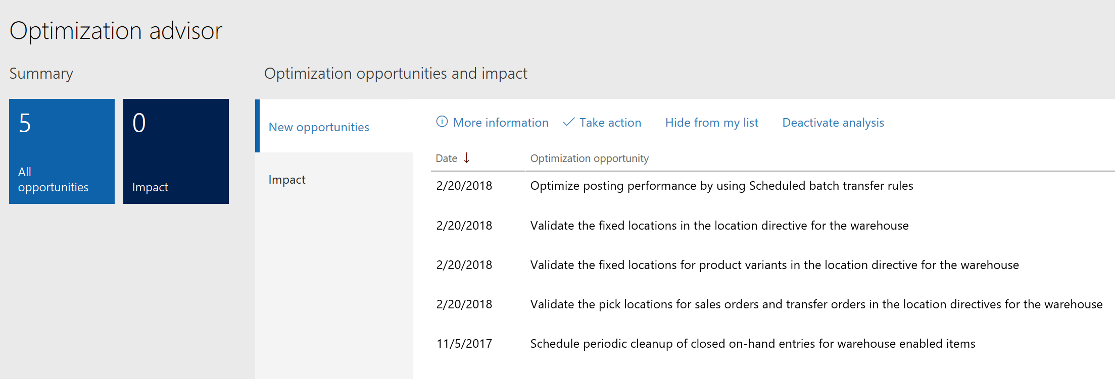 A screenshot showing a list of optimization opportunities recommended by the Optimization advisor