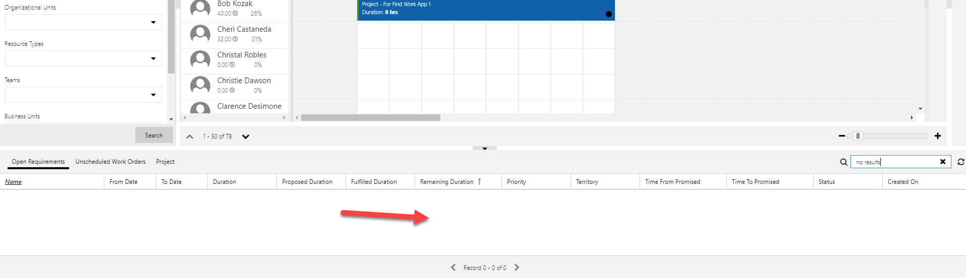 Screenshot of previous state of the booking requirements grid with no results shown