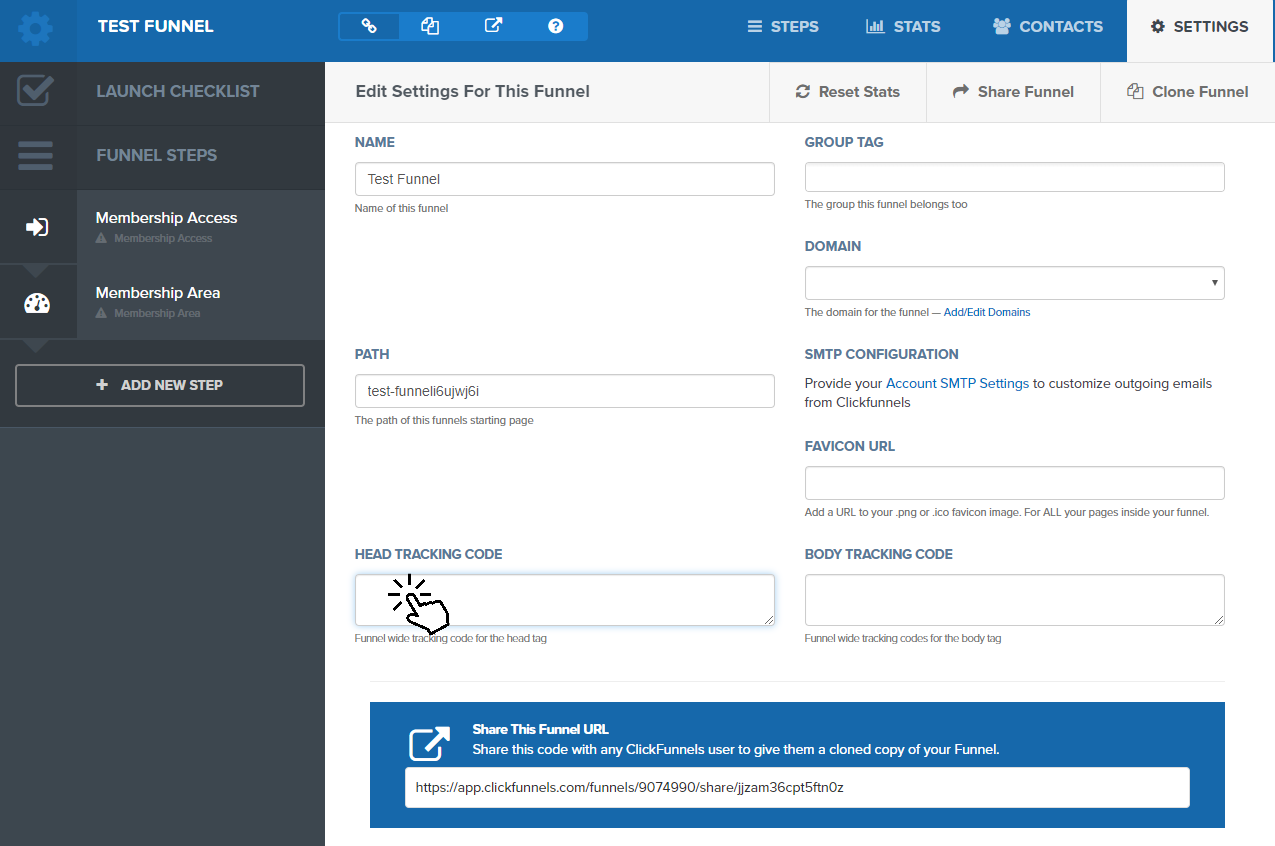 select head tracking code in clickfunnels classic.