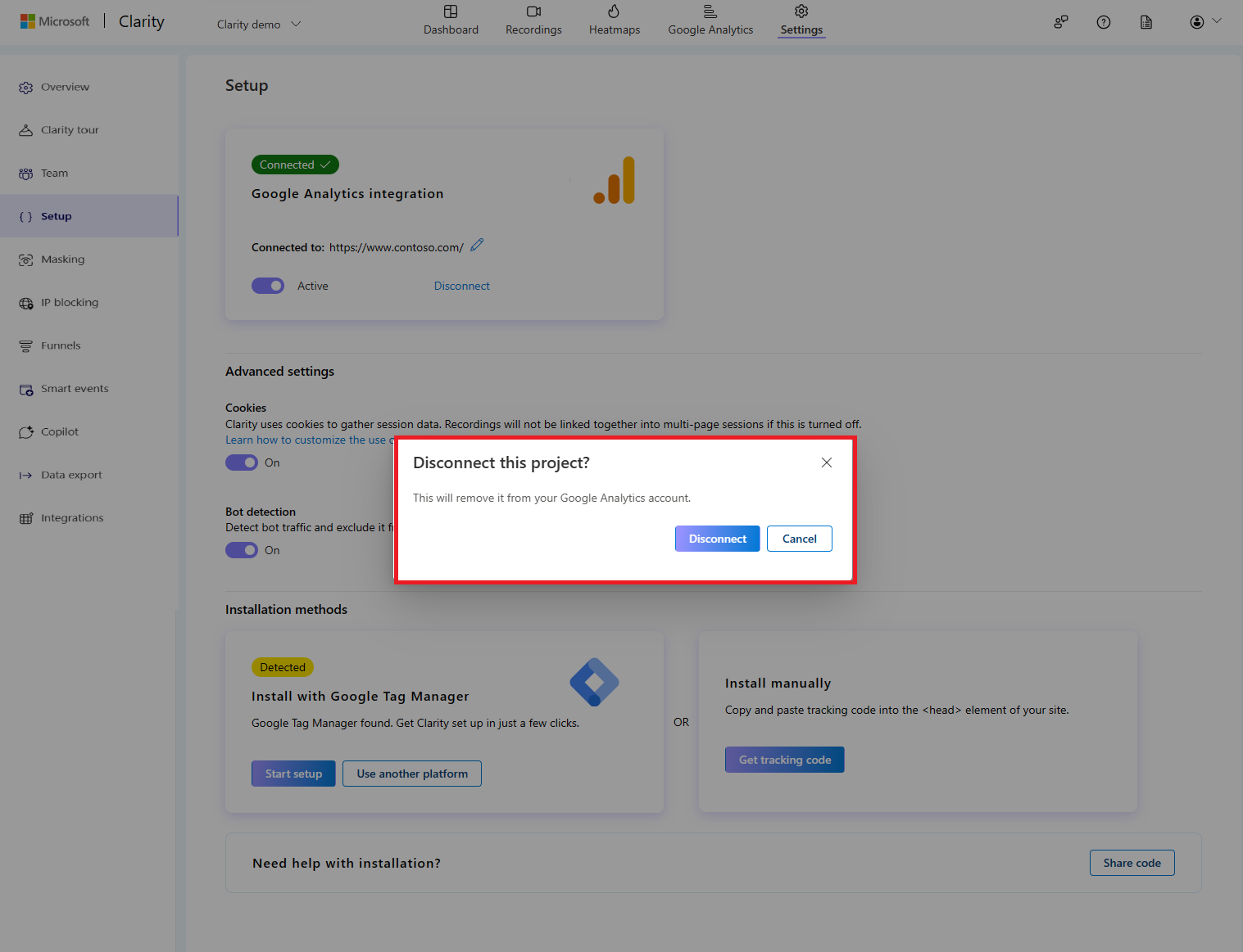 Disconnecting Google Analytics integration confirmation.