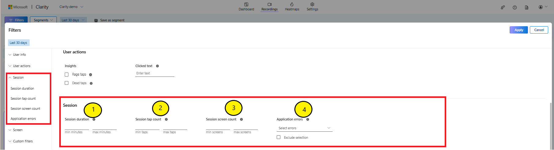 Filters by sessions in sdk.