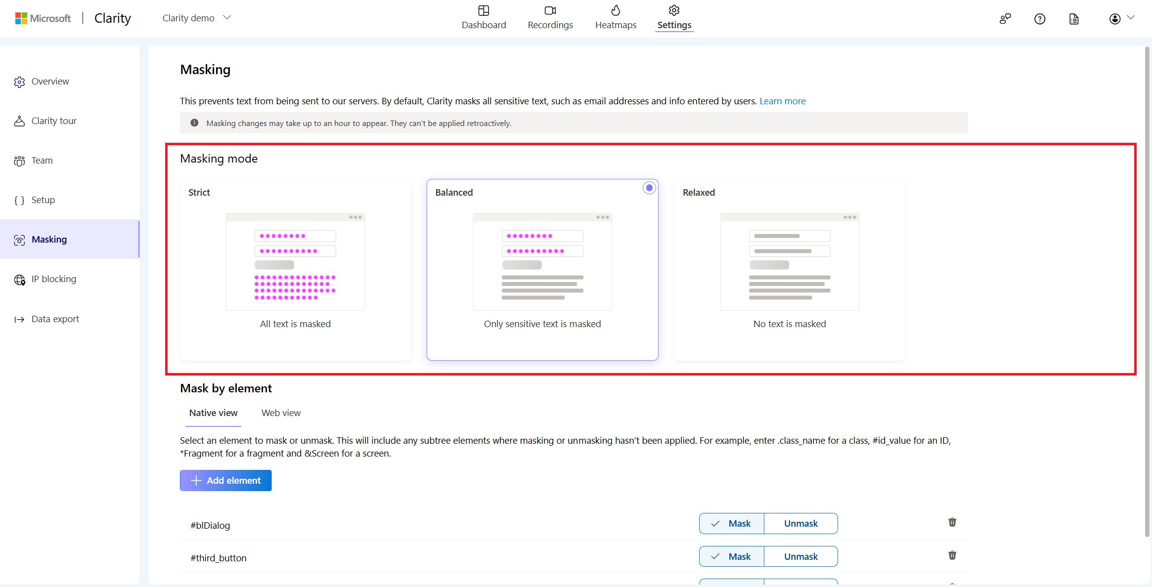 Masking mode in Clarity mobile SDK.