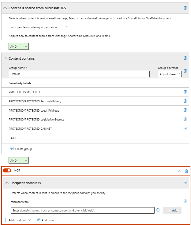 Example of policy conditions for protected email.