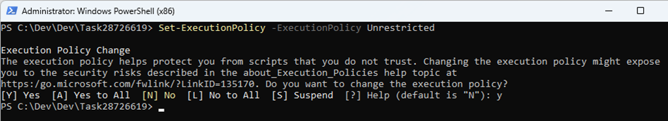 Screenshot of syntax to set the execution policy.