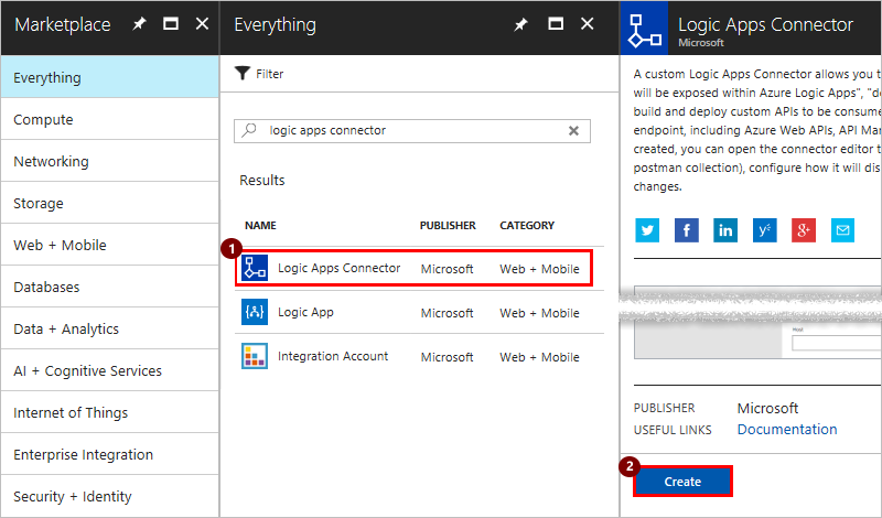 Screenshot of Create Logic Apps connector.