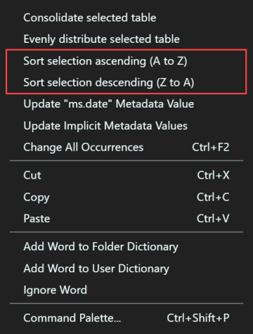 Sort selection context menu