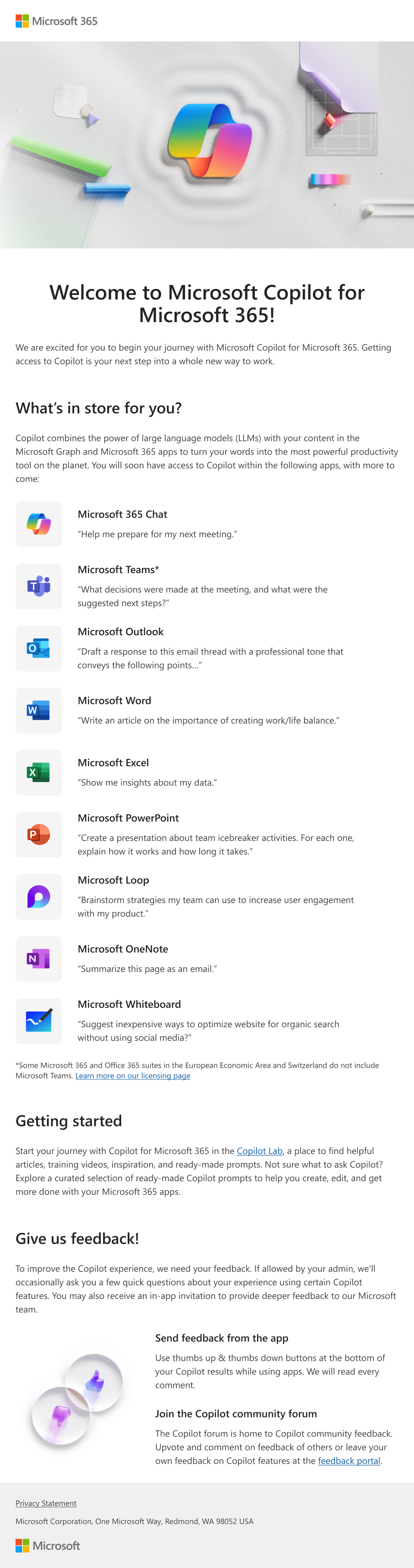 An image of an email introducing Microsoft 365 Copilot and its capabilities that an admin can provide to users.