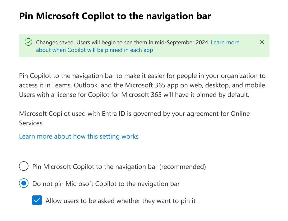 Screenshot showing the option to not Pin Copilot to the navigation bar.