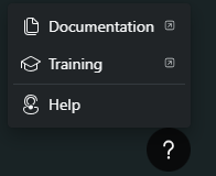 Screenshot showing the help icon menu options including documentation and support.