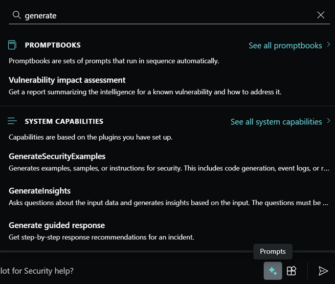 Screenshot showing filtered list of system capabilities for the Microsoft Defender XDR plugin.