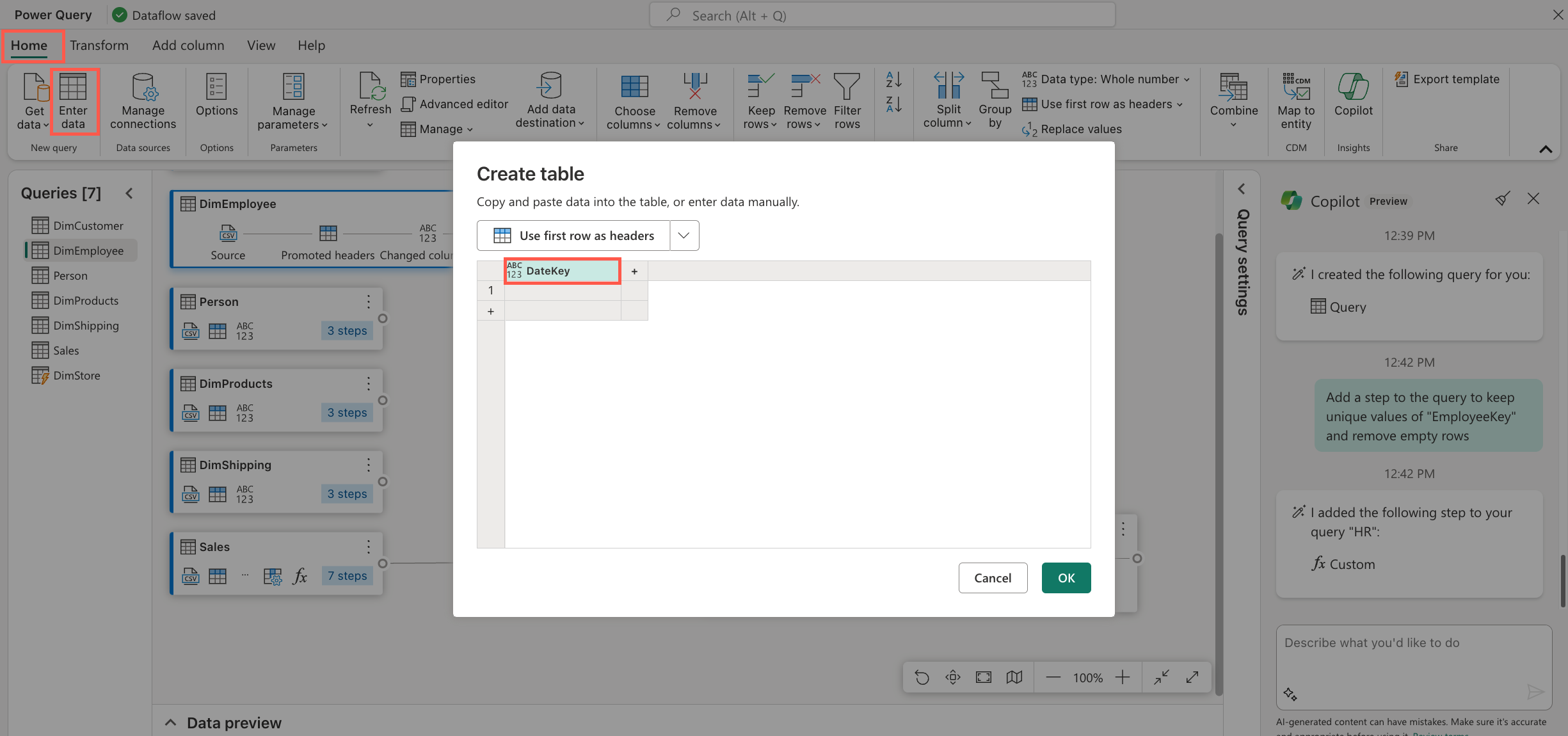 Screenshot of Microsoft Power Query interface with the Create Table window open. The Home tab and Enter Data option are highlighted at the top.