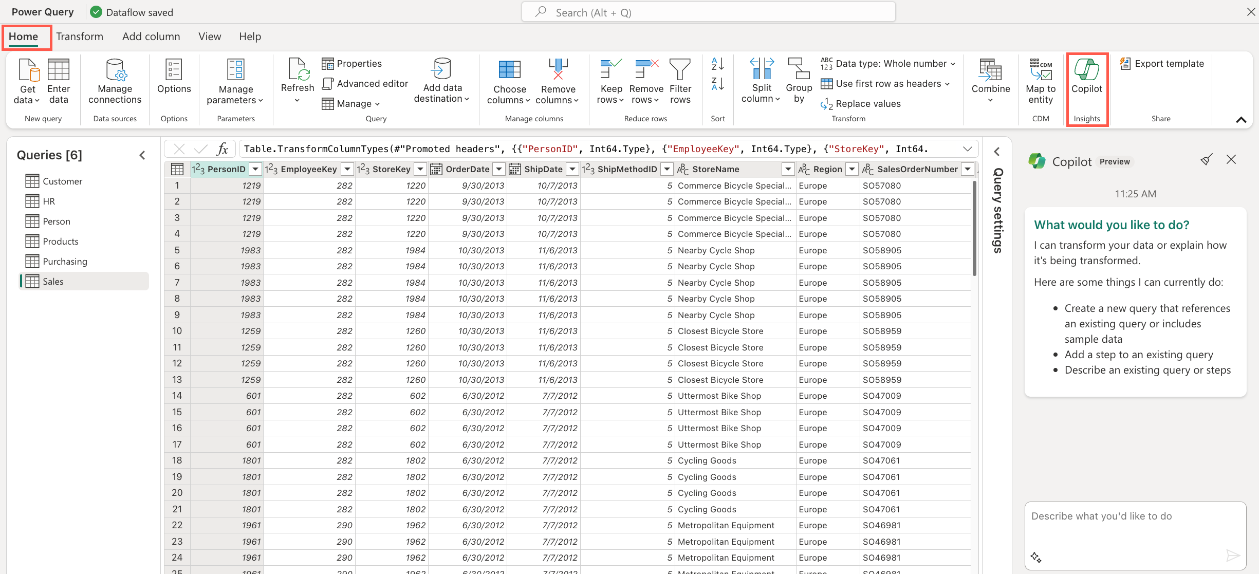 Screenshot of Microsoft Power Query interface with the Copilot panel open on the right. The Home tab and Copilot options are highlighted at the top.