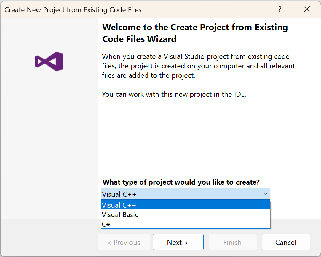 Screenshot showing the Create New Project from Existing Code dialog.