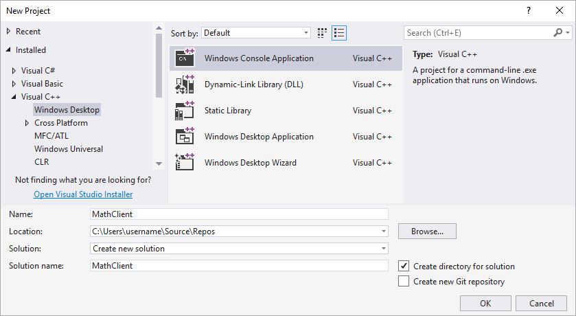 Screenshot of the New Project dialog box with Installed > Visual C plus plus > Windows Desktop selected, Windows Console Application highlighted, and Math Client typed in the Name text box.