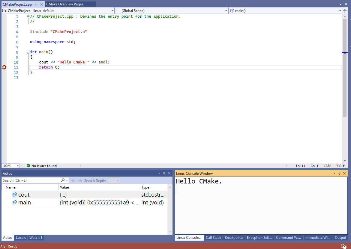 Screenshot of a running hello world program.