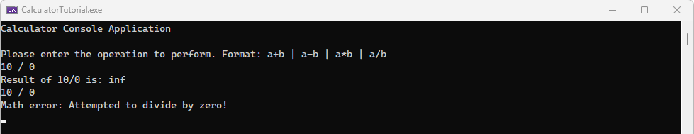 Screenshot of a console window showing the final output after implementing changes to handle division by zero.