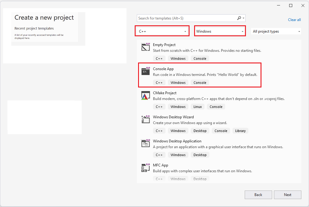 Screenshot of the Visual Studio Create a new project dialog.