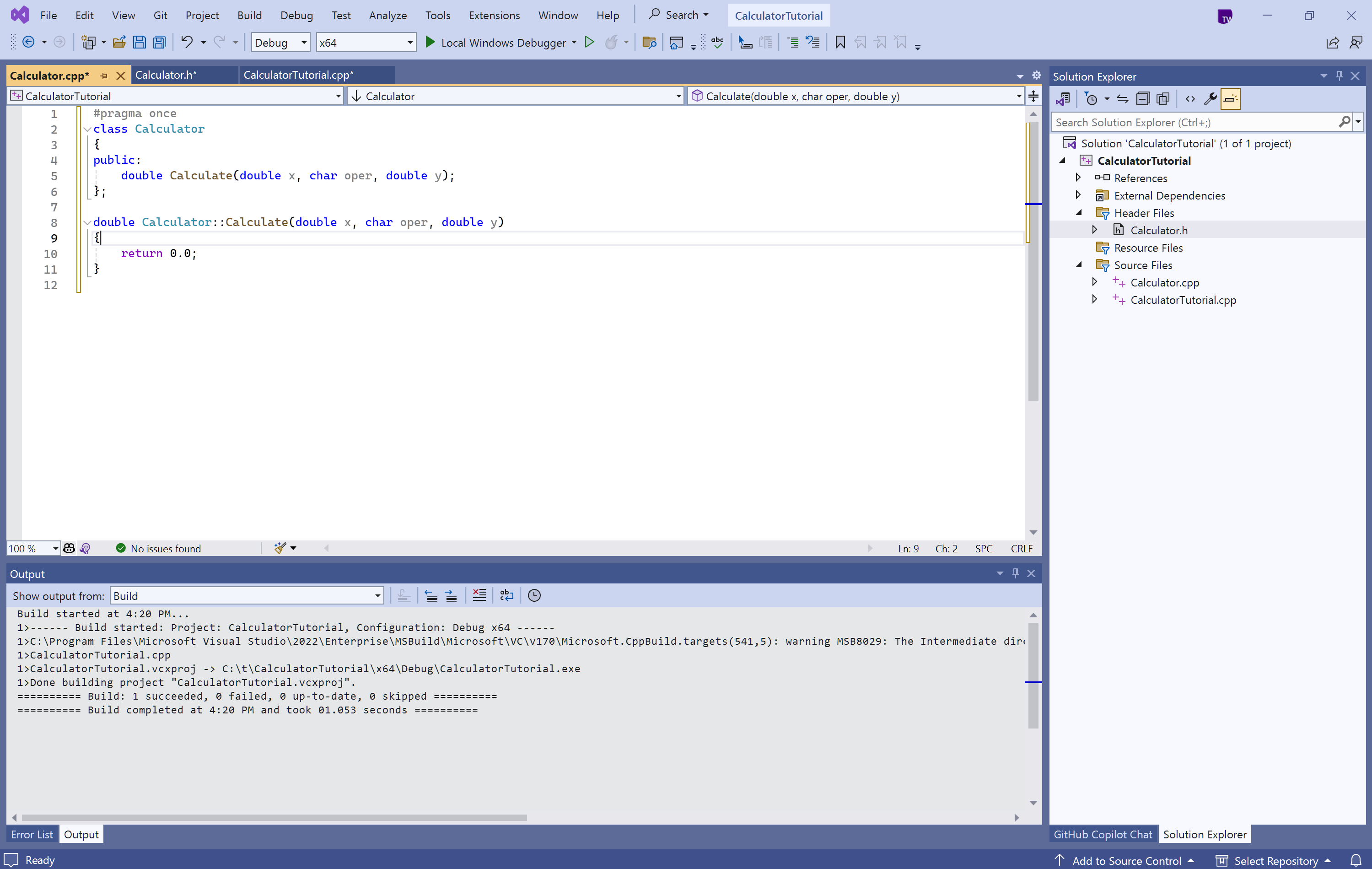 Screenshot of the Visual Studio editor showing the definition of the 'Calculate' function.