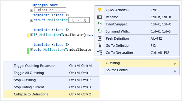 Screenshot of the outlining window shows the body of classes collapsed. Options for Collapse to Definitions, Toggle All Outlining, etc. are visible.