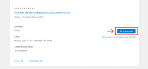 Appointment screen inside Microsoft Learn profile. An exam appointment is listed with the Go to exam button highlighted.