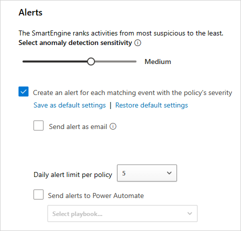 Screenshot that shows how to configure alerts, including sensitivity, email, and daily limit.