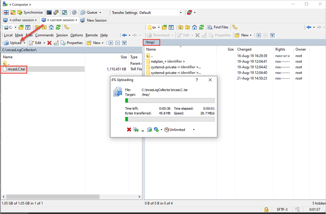 Screenshot of uploading the log collector to the destination host.