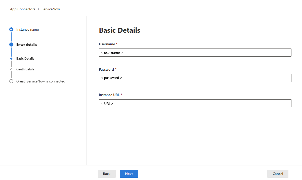 Screenshot of the ServiceNow App Connector Details Dialog.