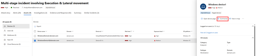 Screenshot highlighting the device summary option in the assets tab of an incident page in Copilot in Defender.