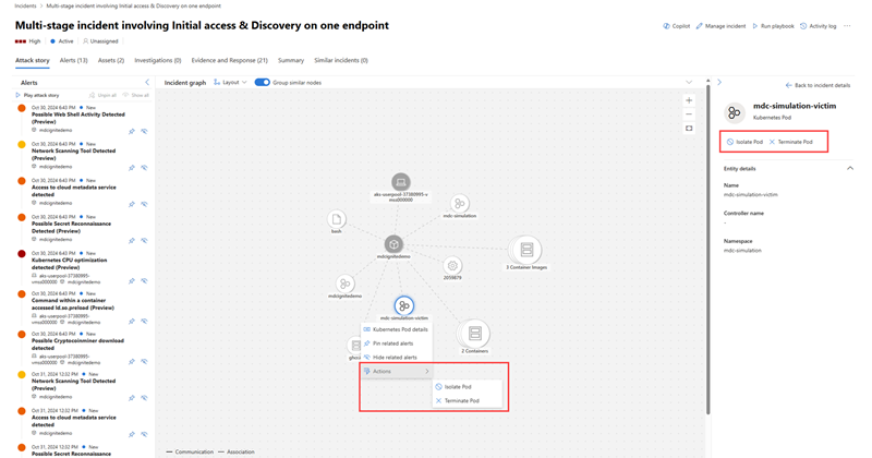 Highlighting the cloud response actions in an incident.