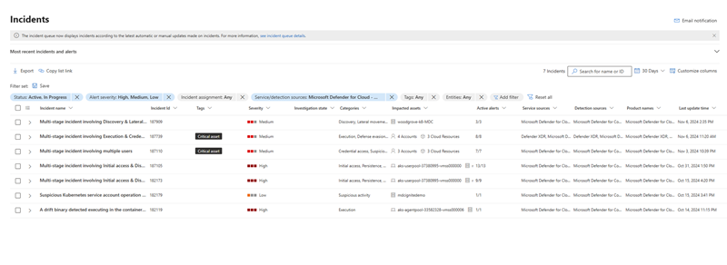 Incident queue filtered to show container-related incidents.