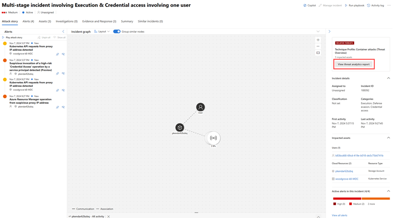 Highlighting how to view threat analytics reports from the incident page.