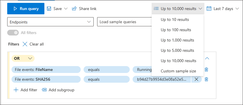 Screenshot of sample size dropdown menu