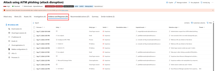 The Evidence and Response page for an incident in the Microsoft Defender portal