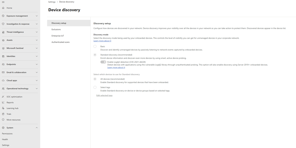 Screenshot of the Device discovery page in the Microsoft Defender portal.