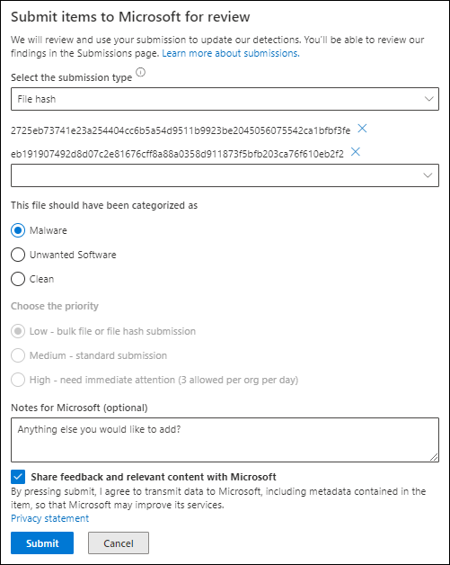 Screenshot showing how to submit files hashes.