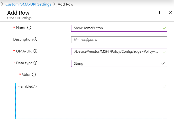 Add Row, Custom OMA-URI Settings