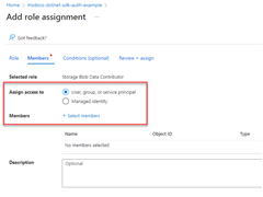 A screenshot showing the radio button to select to assign a role to a Microsoft Entra group and the link used to select the group to assign the role to.