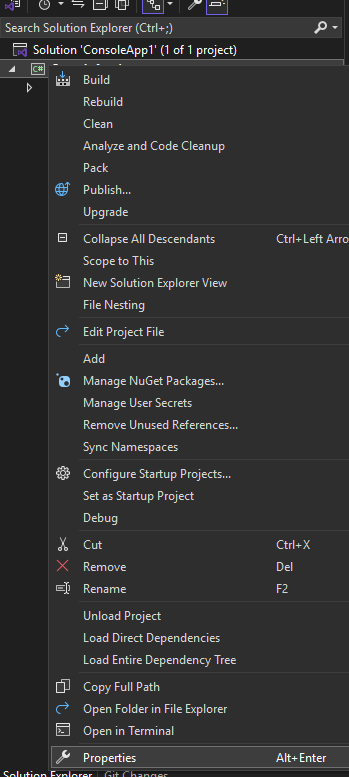 Solution Explorer with a right-click menu highlighting the Properties option.