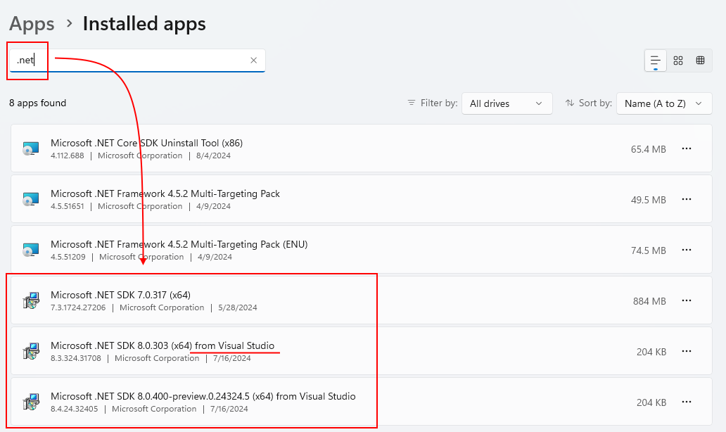 The Windows Installed Apps dialog with the word '.net' in the search bar. The results show versions of .NET Framework and .NET that are installed.