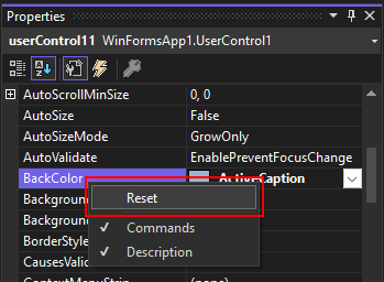 The Reset context menu item in the properties grid.