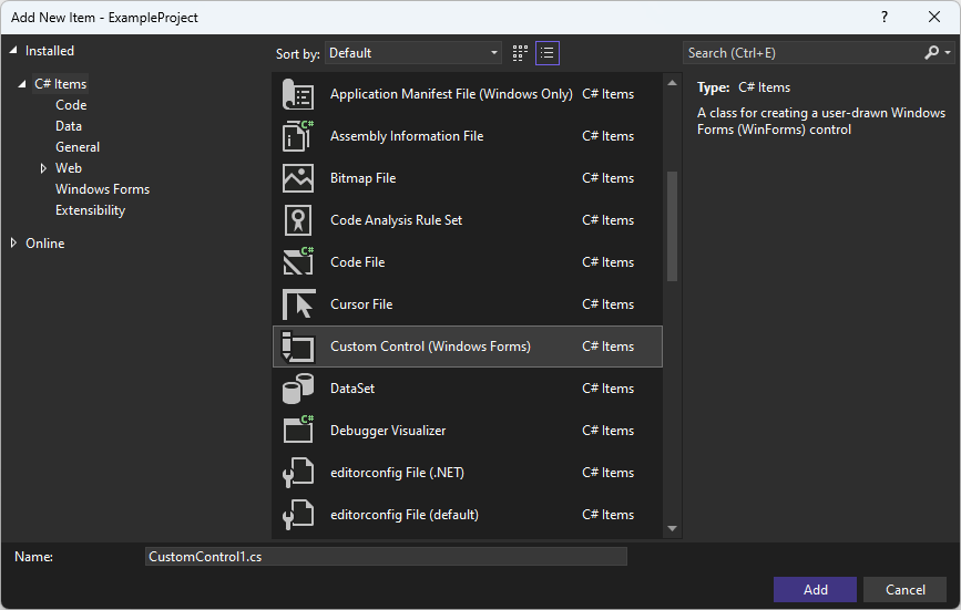 Add item dialog in Visual Studio for Windows Forms