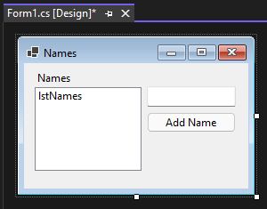 Visual Studio 2022 designer with the form open for Windows Forms for .NET. There's a listbox to for storing names, a textbox to contain a name, and a button add the name.